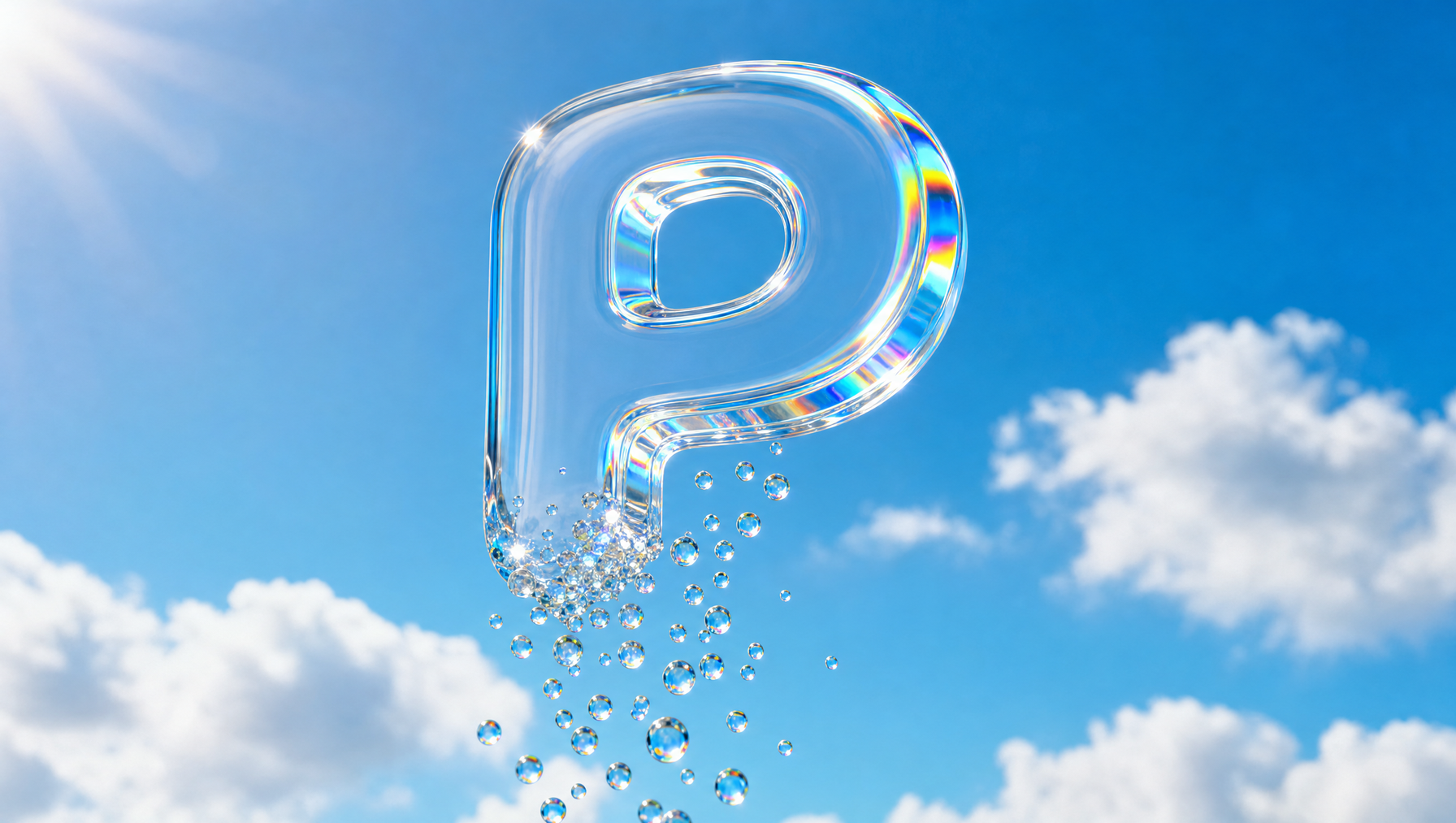 A glass letter P shedding glass droplets into the clouds