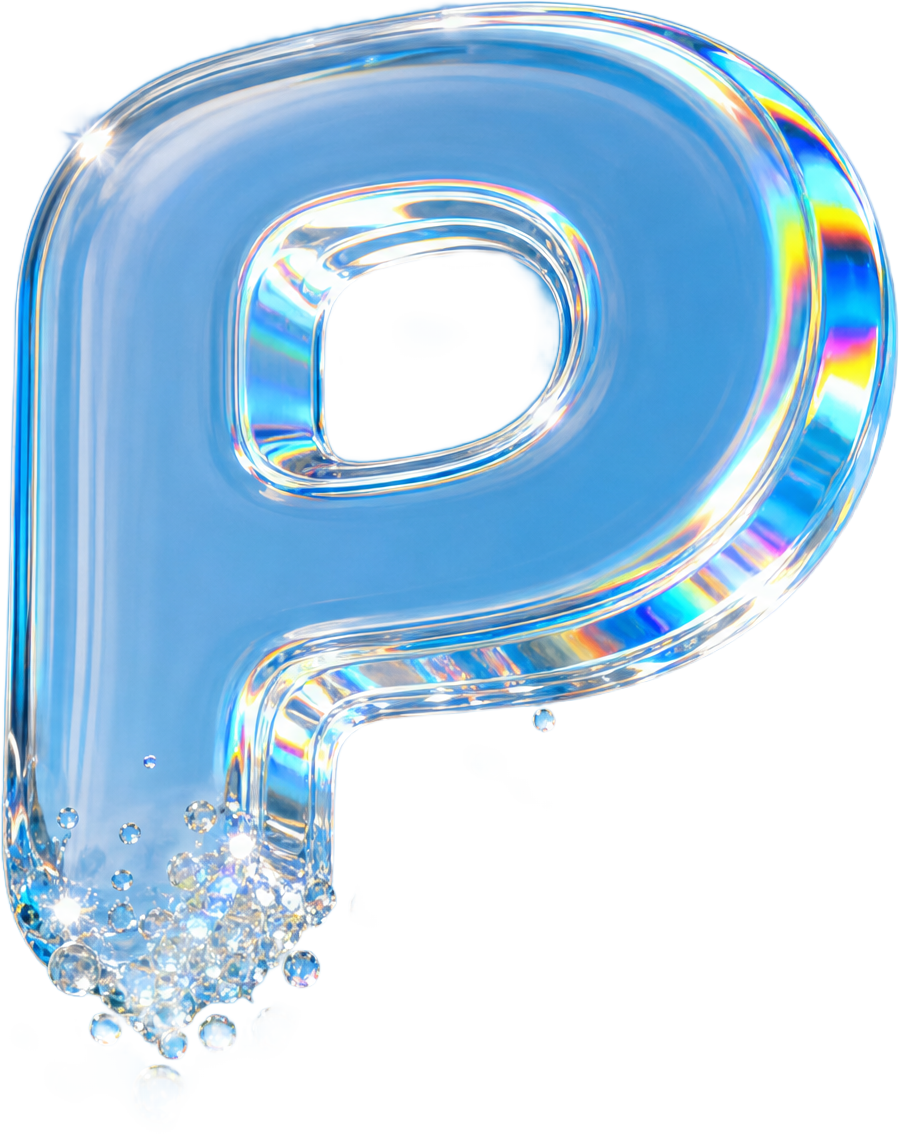 A letter P in thick glass, shedding glass droplets